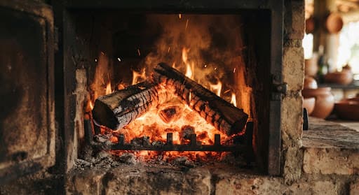 Lenha em brasa dentro do forno