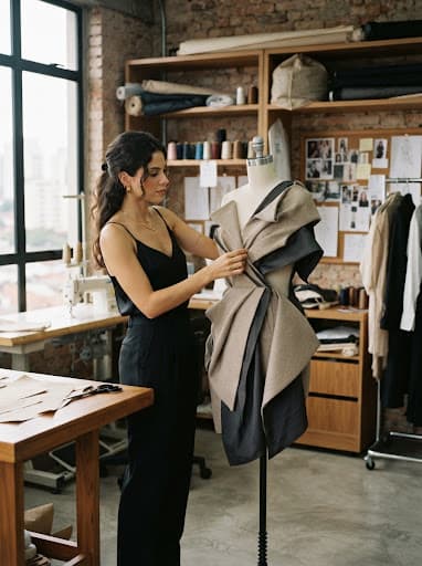 Estilista modelando uma peça sobre manequim