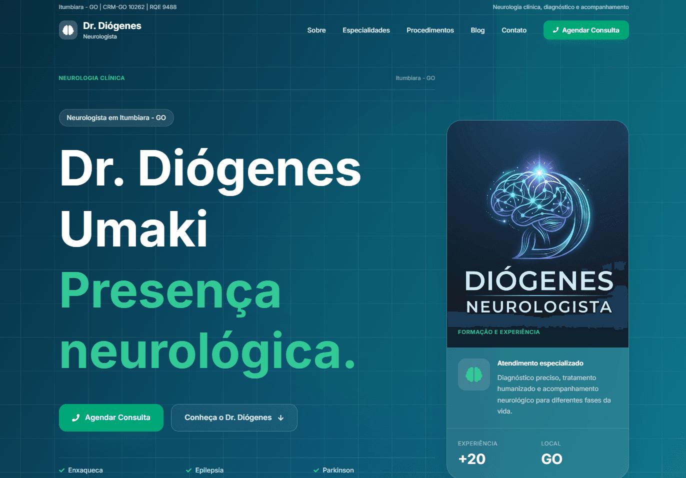 Página inicial do site do Dr. Diógenes Umaki, neurologista